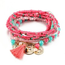 Women Bohemian Jewelry Multilayer Elastic Set Bracelets Bangles With Tassel Gold - £10.29 GBP