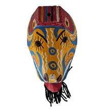 Hand-Painted Wooden Guatemalan Mask With Colorful Tribal Design &amp; Yarn B... - £50.13 GBP