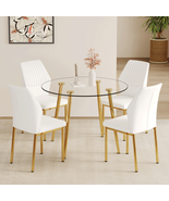 Modern Luxury Glass Dining Table &amp; 4 White PU Chairs Set - Gold Legs - $736.27 CAD