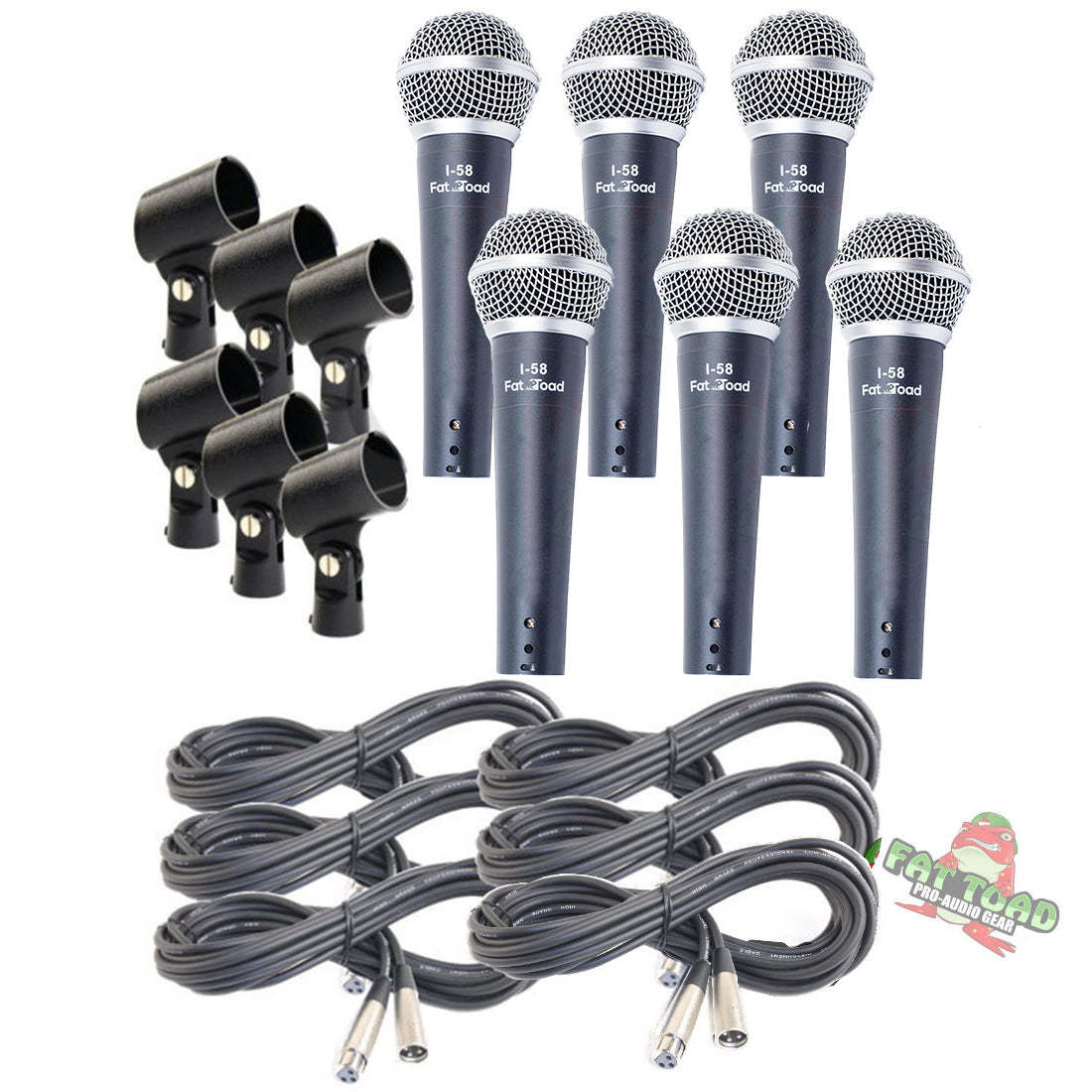 Cardioid Vocal Microphones with XLR Mic Cables & Clips (6 Pack) by FAT TOAD - Dy