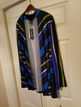 Maggie Barnes Ladies Plus Size 1X Lime Green Blue&#39;s White Cardigan Sweater (NEW) - £35.05 GBP