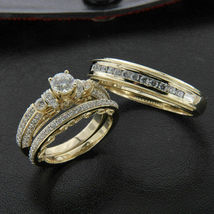 925 Silver Gold Plated1CT Simulated Diamond Wedding Trio Set Bridal Wedding Ring - £98.89 GBP