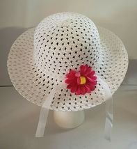WHITE WOMAN'S WIDE BRIM HAT WITH WHITE RIBBON & PINK FLOWER image 2