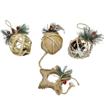 Vintage Lot of 4 Rustic Burlap Holly and Berries Christmas Ornaments 4.25&quot; - £12.06 GBP