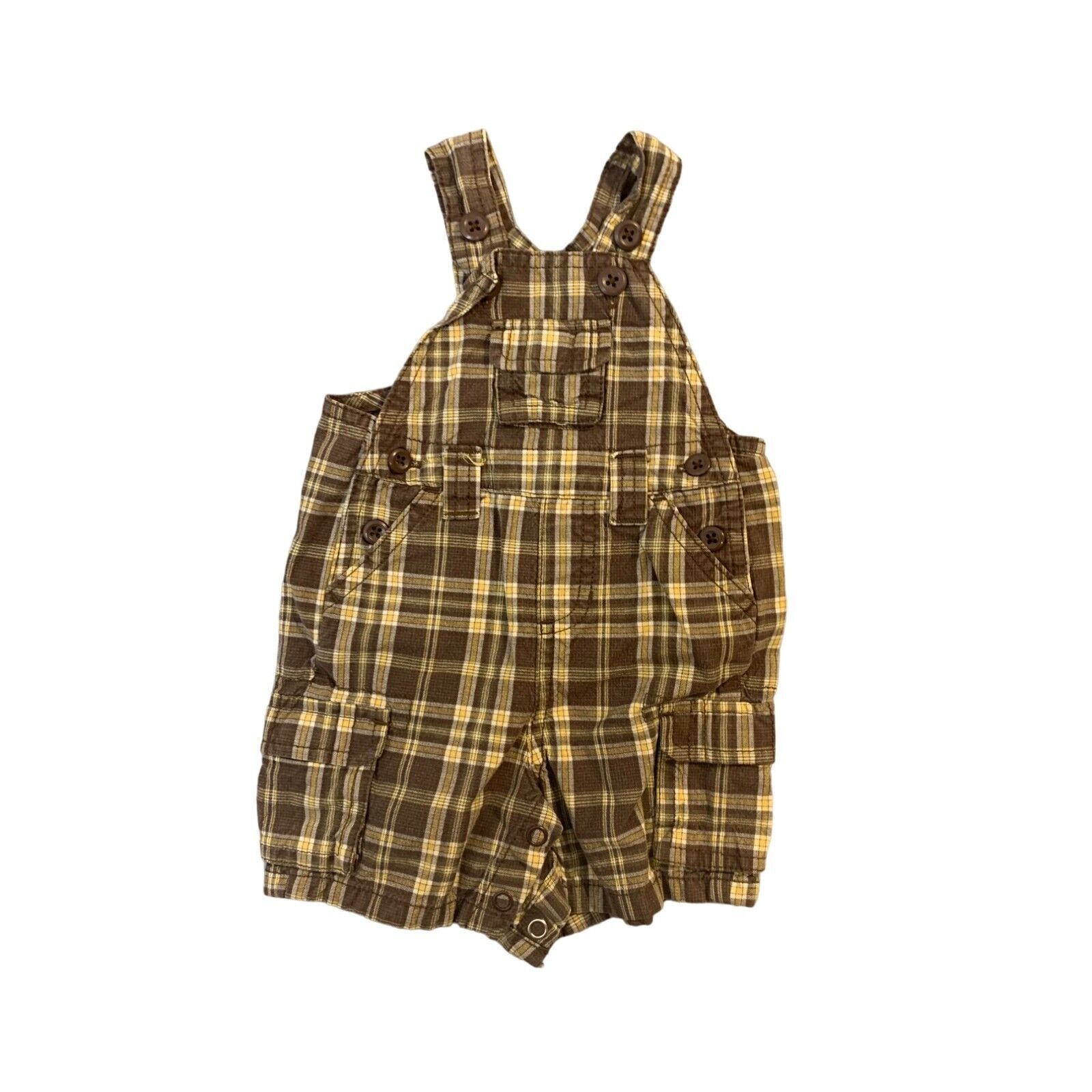 Old Navy Boys Infant baby Size 3 Months Brown Plaid Shortalls Bib Overalls Snap - £9.61 GBP