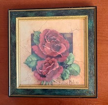 Vintage Garden Art Print Red Roses Wood frame Barbara Mock 11.5&quot; square matted - £16.81 GBP