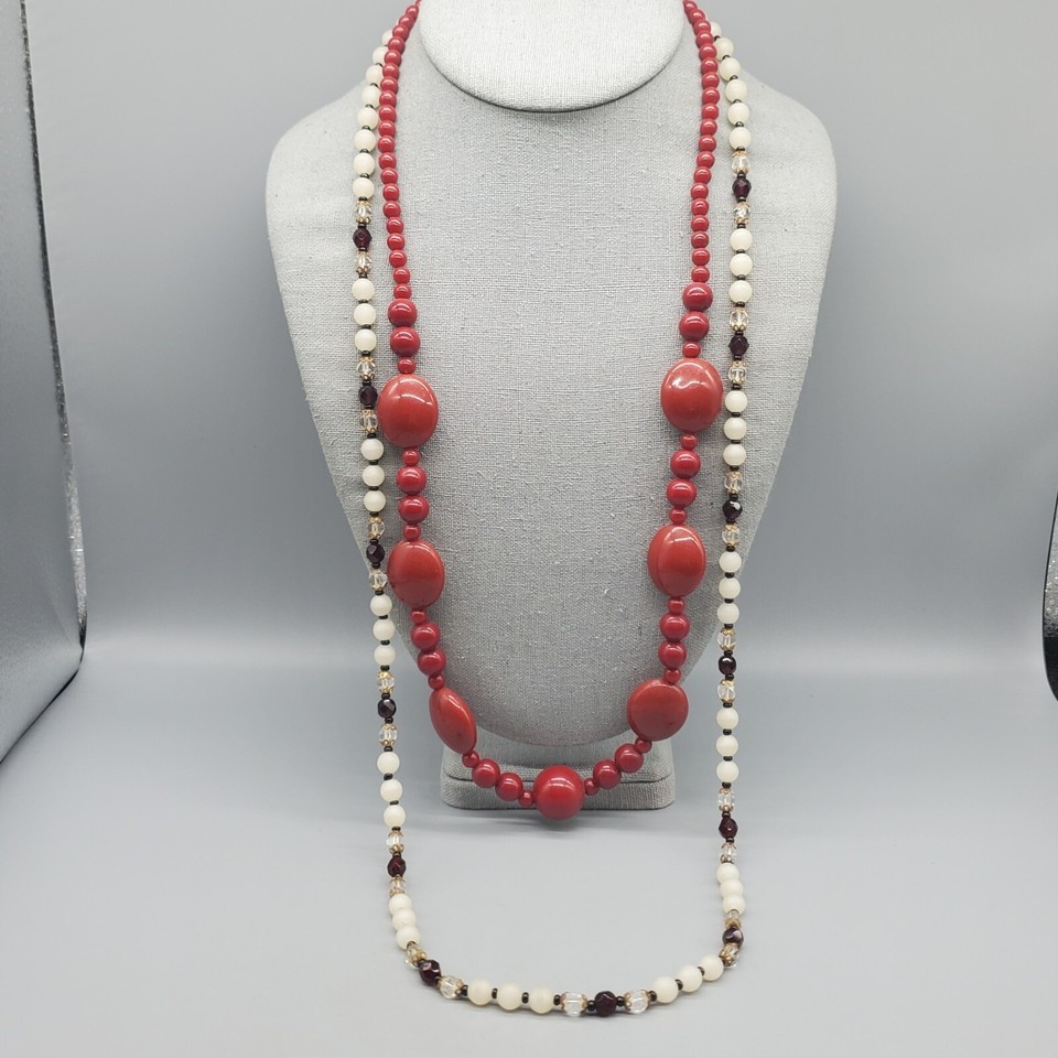 Vintage Necklace Set (2) Acrylic Glass Red White Clear Wearable 27&quot; and 34&quot; - $19.99