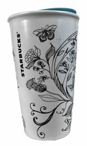 Starbucks 2014 Black White Floral Heart Ceramic 12 Oz Tumbler Cup Mug &amp; Teal Lid - £14.93 GBP