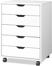 DEVAISE 5-Drawer Chest, Wood Storage Dresser Cabinet with Wheels, White - £93.51 GBP