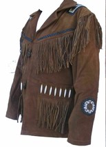 Men&#39;s Handmade Chocolate Brown Suede Leather Cowboy Fringes and Rosary J... - $140.99