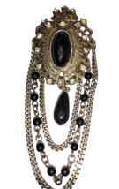 Brooch Vintage Fashion Chain Rhinestone Silver Black3.5 inches long Unsi... - $11.40