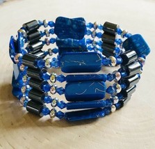 37&quot; MAGNETIC HEMATITE BEAD WRAP BRACELET NECKLACE THERAPY SILVER PLATE BLUE - £11.63 GBP