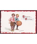 Halloween Postcard Boys &amp; Pumpkin Color Emb. Artist Signed Frances Brundage - £15.53 GBP
