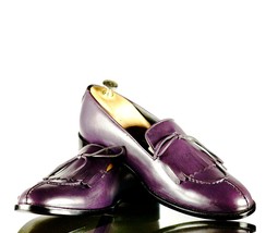 Handmade Men&#39;s Purple Leather Split Toe Fringes Loafer Shoes, Men Dress Shoes - £115.89 GBP