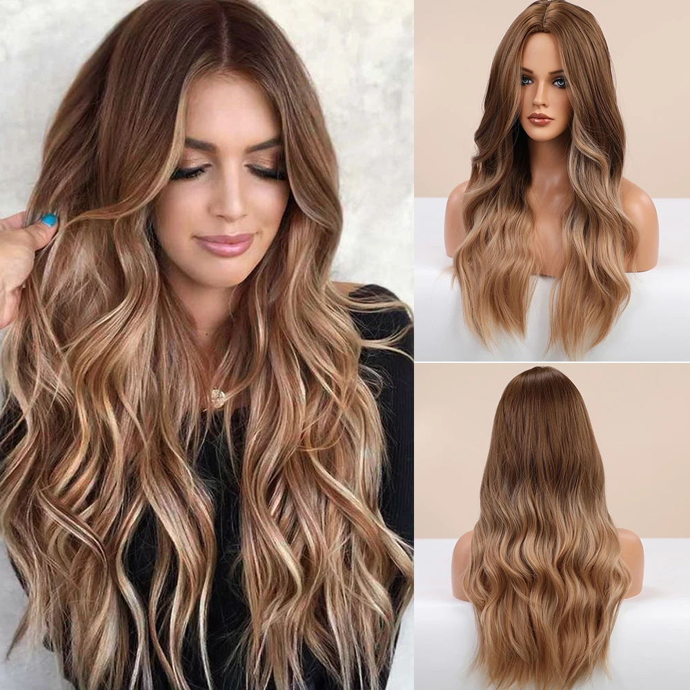 Long Brown Ombre Synthetic Wigs for Women Natural Hair Wavy Wigs Middle Pa - £18.27 GBP+
