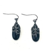 Vtg Signed PAJ BB CHINA Silver Filigree Black Onyx Marcasite Teardrop Ea... - $35.31 CAD