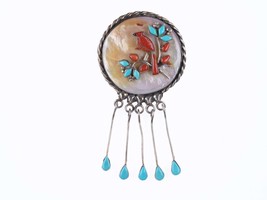 Vintage Zuni Sterling Red Bird Coral and turquoise pendant/pin - £174.83 GBP