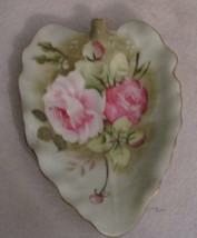Lefton China Green Heritage Cabbage Rose Leaf Shaped Candy Bon Art Dish #1860 - £11.31 GBP