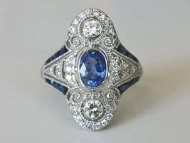 Antique Blue Sapphire &amp; Diamond Art Deco Engagement Ring, Edwardian Ring  - £181.73 GBP