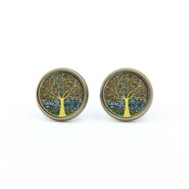 Tree Earrings Round Glass Tree of Life Jewelry Bronze Stud Post Brass 14mm - £7.18 GBP