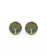 Tree Earrings Round Glass Tree of Life Jewelry Bronze Stud Post Brass 14mm - £7.18 GBP