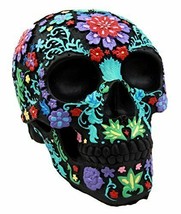 Ebros Gift Day Of The Dead Black Multi Colored Floral Tattoo Skull Figurine 8&quot;L - £38.35 GBP
