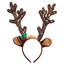 Reindeer Antlers Headband Sequin Brown Holly Jingle bell - $7.22