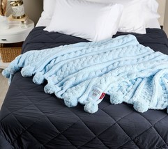 Peace Love World 70x60 Pom Pom Cable Knit Blanket in Frost - £155.03 GBP