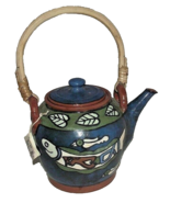 Nepal Redware Teapot Ceramic Free Trade Fish Bird Blue Green Rattan Hand... - $23.01 CAD
