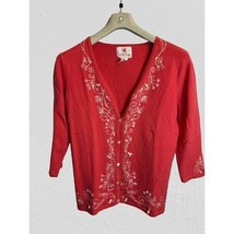 QUACKER FACTORY Linen Cotton Cardigan Sea Shell Red Embroidery Size Small - $20.78
