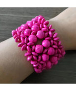 Wooden Women&#39;s Beaded Bohemian Style Bracelet Stretch Fuchsia Pink Handm... - $13.54