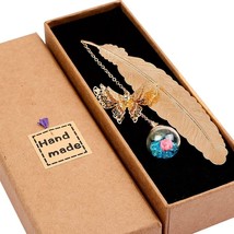Metal Feather Bookmark with Glass Beads Pendant, Vintage Feather Butterfly Book - £23.73 GBP