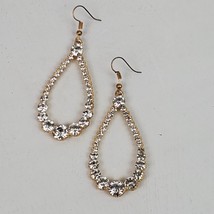 Vintage Gold &amp; Clear Teardrop STATEMENT Earrings 3 Inch Dangle Drop Hook - £13.43 GBP