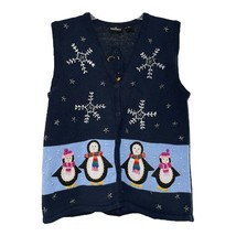 In Resource Women Blue Embellished Penguin Snowflake Cardigan Sweater Vest Small - £11.75 GBP