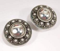 Vintage Sterling Silver Huggie Clip-On Earrings Bead Rosettes Surround Dome Disc - £11.38 GBP