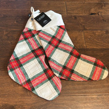 X2) Ralph Lauren Christmas Stocking Cream Red Green Plaid Holiday Set Wool Blend - £39.94 GBP