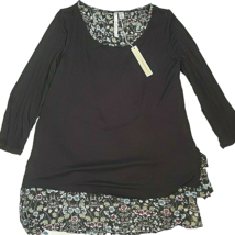 Lauren Conrad LC Womens Tunic Blouse Size M Black Floral 100% Rayon Long Sleeved - $25.82