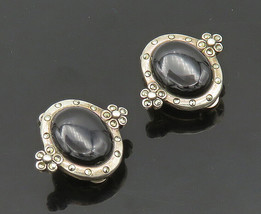 925 Silver - Vintage Black Onyx &amp; Marcasite Floral Non Pierce Earrings - EG10320 - £47.86 GBP