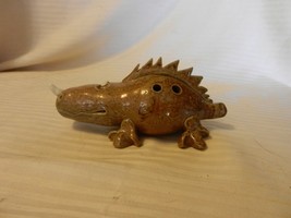 Whimsical Ceramic Smiling Dragon Dinosaur One Horn Figurine Brown Tones - £39.96 GBP