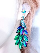 Green Peacock Earrings, Colorshift Drop Earrings, Rhinestone Chandelier Earrings - £31.68 GBP