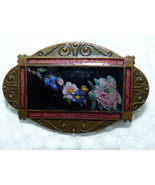 Fine Antique Art Nouveau Scrolled Copper Brooch Pin, Enamel Flowers &amp; Be... - $132.48 CAD