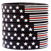 5 Thin Red Line American Flag Wristband Bracelets - USA Flag Fire Fighter Bands - £5.44 GBP