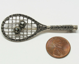 All Solid Sterling 925 Silver Tennis Racquet And Ball Pin Marcasite Ston... - $18.50