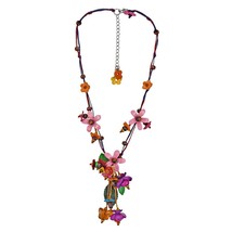Sweet Festive Pink Garden Leather Wood Glass Statement Necklace - £18.35 GBP