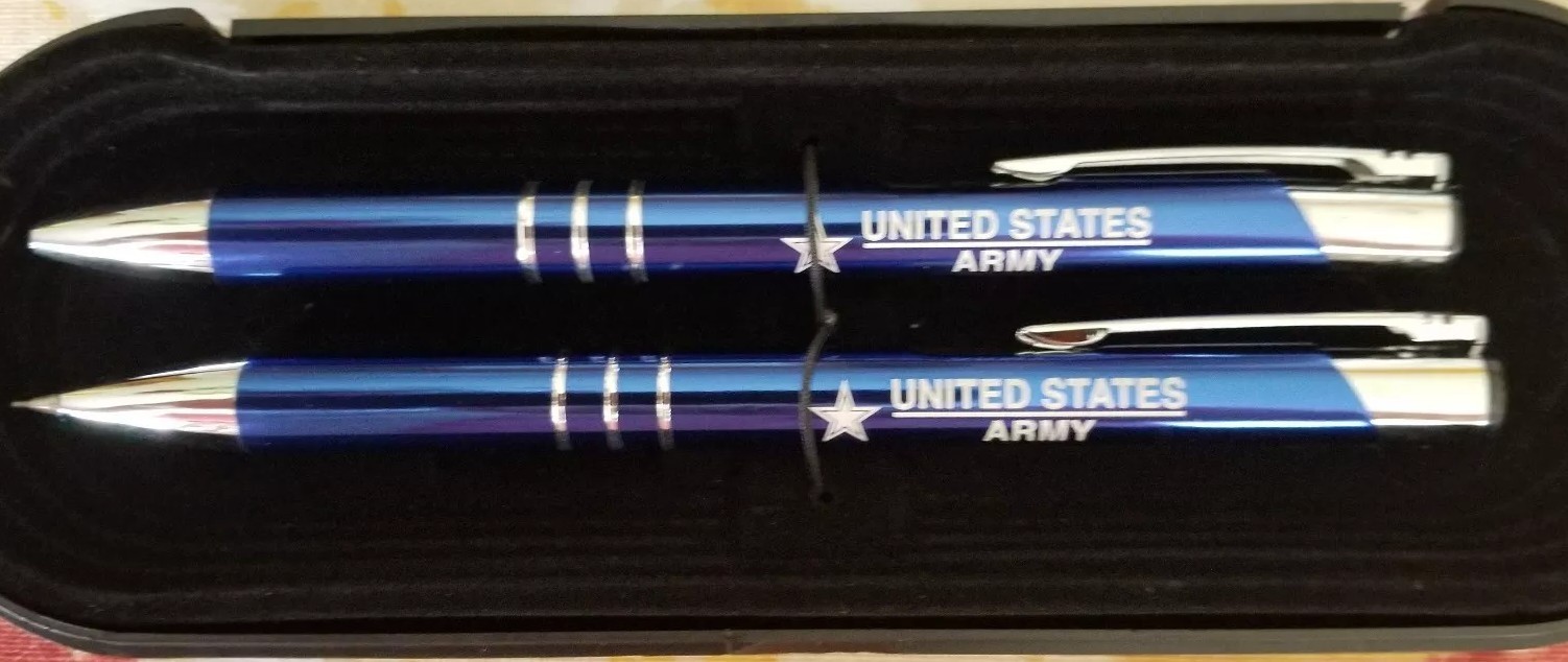 US Army ~ Metal ~ Pen & Pencil Set ~ Blue & Silver ~ Storage Case ~ Military Item image 2