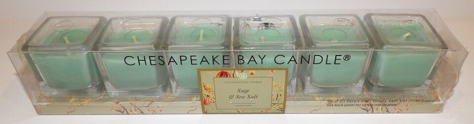 Primary image for HTF SET OF 6 CHESAPEAKE BAY CANDLE SAGE & SEA SALT SQUARE GLASS VOTIVE CANDLES