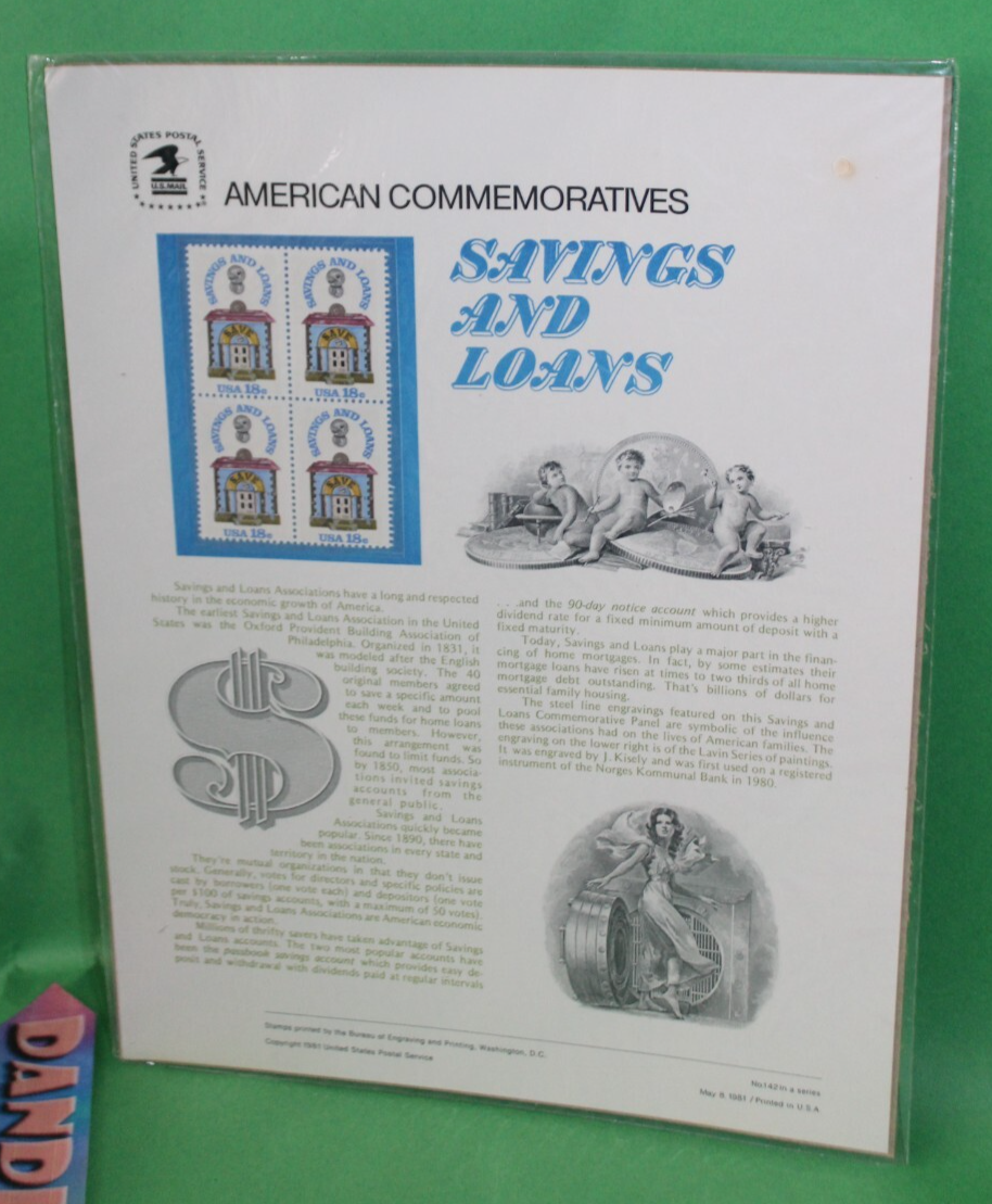 American Commemoratives Savings And Loans USPS Stamps Panel 142 May 8, 1981 - £7.38 GBP