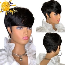 Short Pixie Cut Straight Hair Wig Peruvian Remy Human Hair Wigs For Blac... - $49.50
