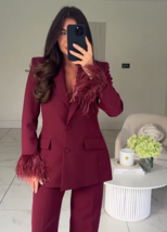 ZARA BNWT 2025. MAROON BURGUNDY FEATHER CUFF BLAZER LAPEL COLLAR. 2167/0... - $188.01
