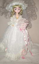 17” Vintage Porcelain Doll ~ Blonde Curly Hair Blue Eyes pink highlighted access - £11.61 GBP